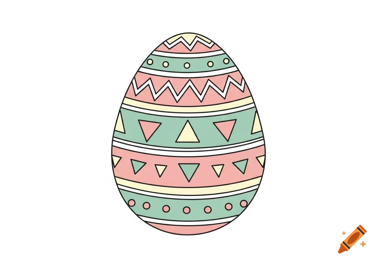 A colorful Easter egg decorated with geometric patterns in a minimalist, Scandinavian style illustration.