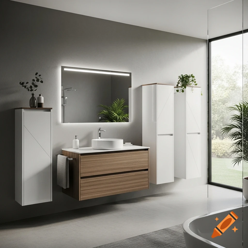 Photorealistic modern bathroom with a floating wooden vanity, vessel sink, illuminated mirror, and white cabinets. A large window overlooks a lush garden.