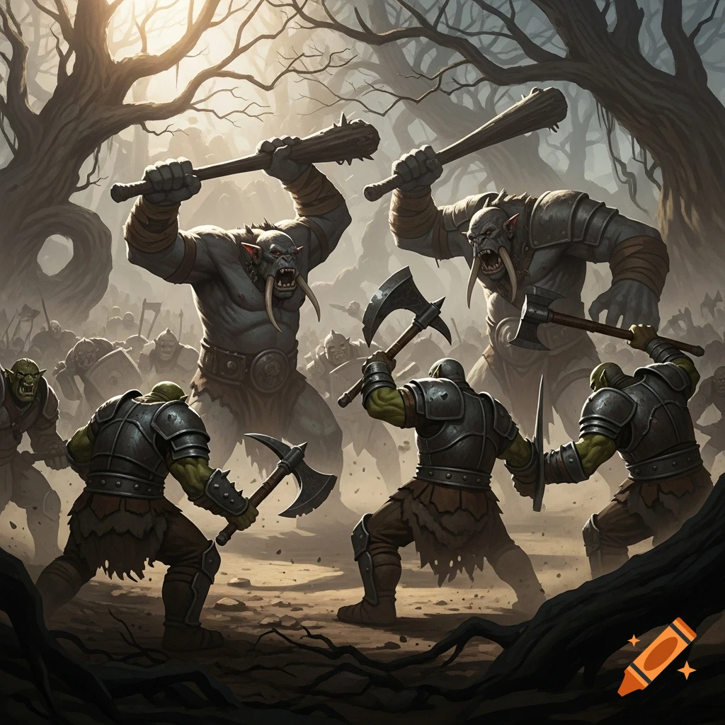Large, armored orc-like creatures battle fiercely with axes and clubs in a dark, gnarled forest.