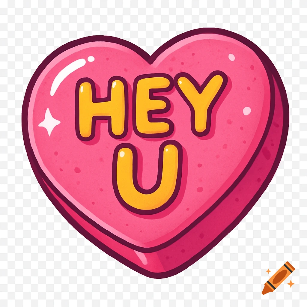 A cartoon pink candy heart with a thick outline, displaying the yellow text 'HEY U' on its surface, on a transparent background.