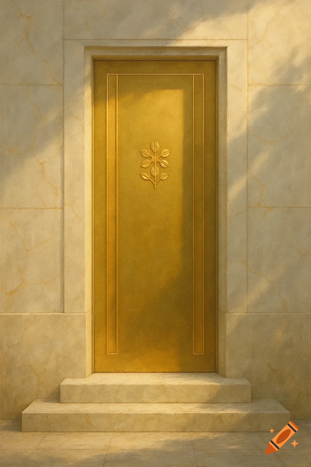 A golden door with a subtle floral sigil set into a pale stone wall, with three steps and dappled sunlight.