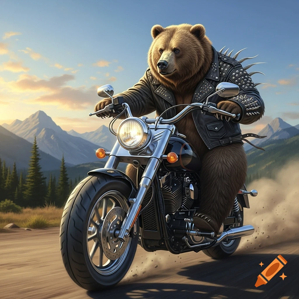 A photorealistic grizzly bear wearing a studded leather biker jacket rides a chrome motorcycle down a dirt road with mountains in the background.