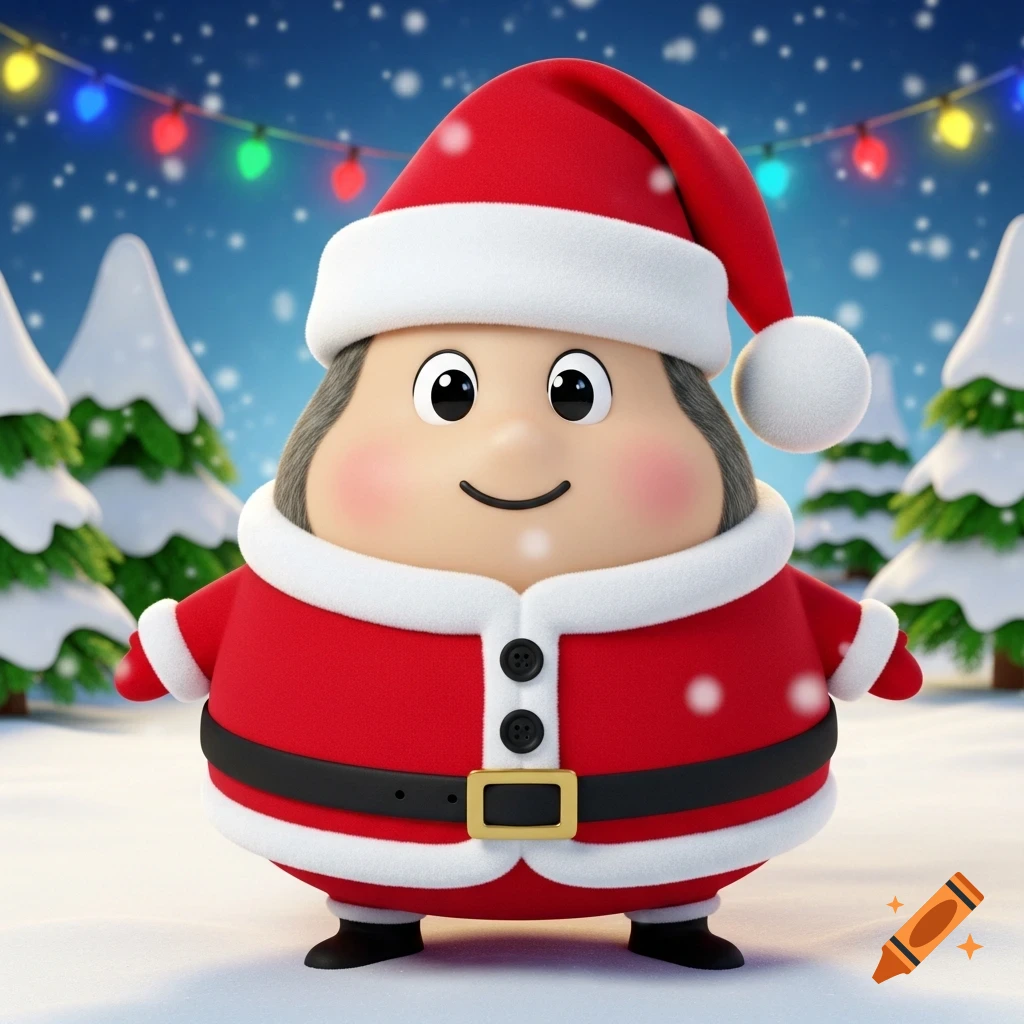 A cute, round cartoon character dressed as Santa Claus stands in a snowy forest with colorful Christmas lights overhead.