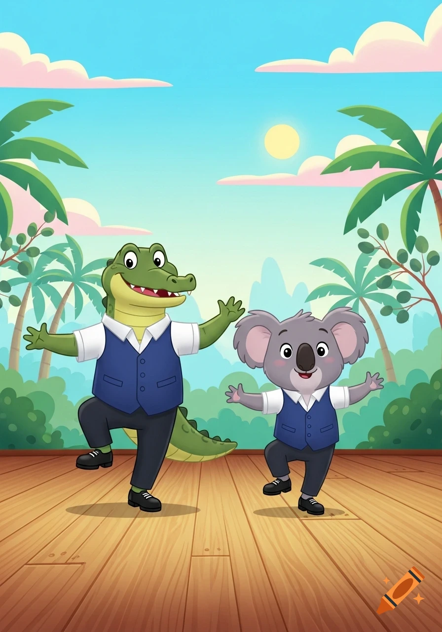 A happy cartoon alligator and koala, dressed in vests, tap dance on a wooden stage with a tropical background.