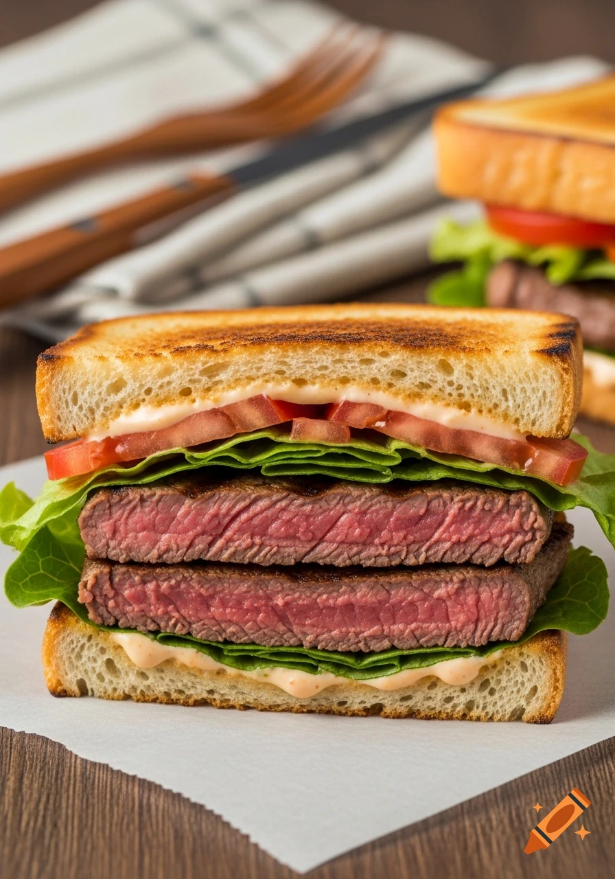 Close-up of a toasted steak sandwich with lettuce, tomato, and a creamy sauce on a white wrapper.