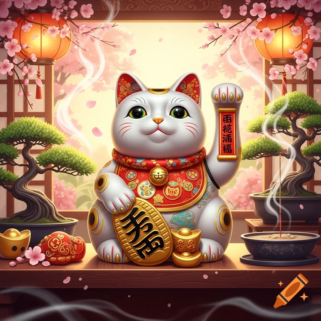 A white Maneki-neko lucky cat with green eyes and a red bib, holding a scroll and a gold coin, in a vibrant Japanese-style setting with cherry blossoms and lanterns.