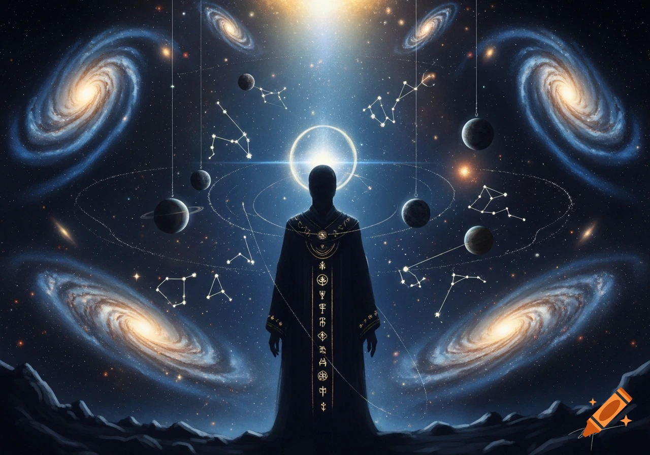 A dark robed figure with a glowing halo stands on a rocky surface, surrounded by galaxies, planets, and constellations.