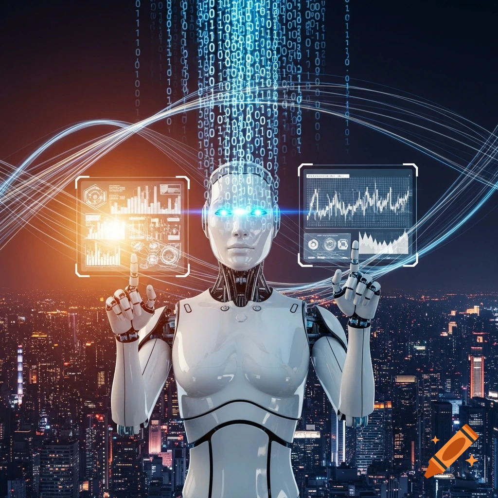 A humanoid robot with glowing blue eyes interacts with holographic data interfaces and binary code streams over a futuristic city at night.