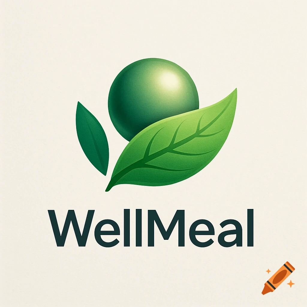 Logo for "WellMeal" featuring a vibrant green sphere and two stylized green leaves below.
