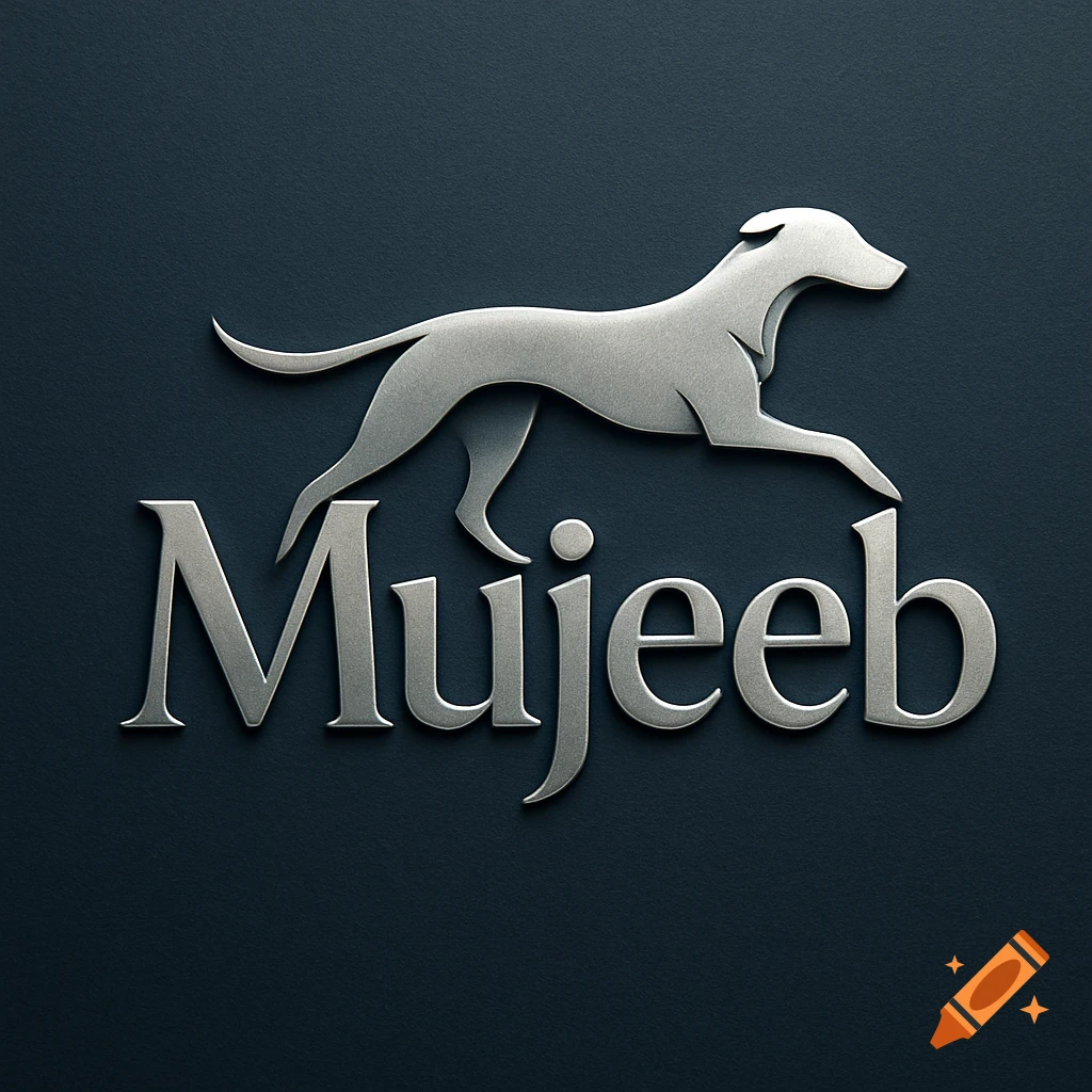 Silver 3D logo of a running greyhound dog above the name 'Mujeeb' on a dark blue background.