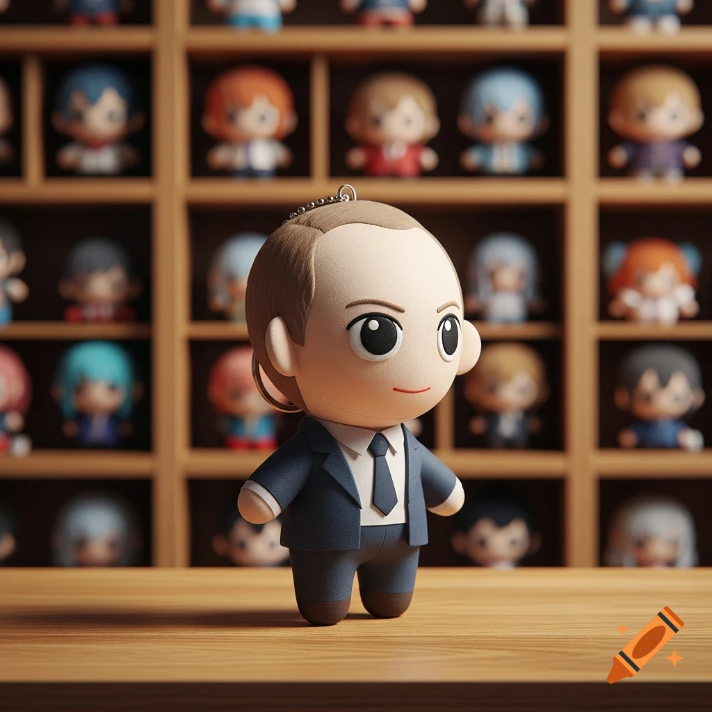 A stylized, plush-like doll resembling Vladimir Putin in a dark suit stands on a wooden surface, with blurred shelves of colorful character dolls in the background.