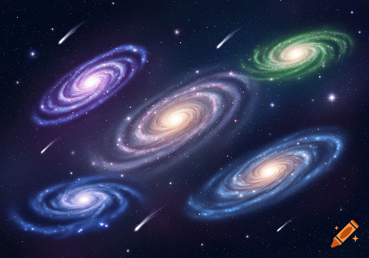 Multiple colorful spiral galaxies and shooting stars glow in a dark, star-filled cosmic background.
