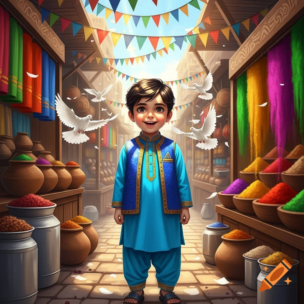 Smiling young boy in blue traditional attire at a vibrant market with colorful spices, fabrics, and doves flying around.