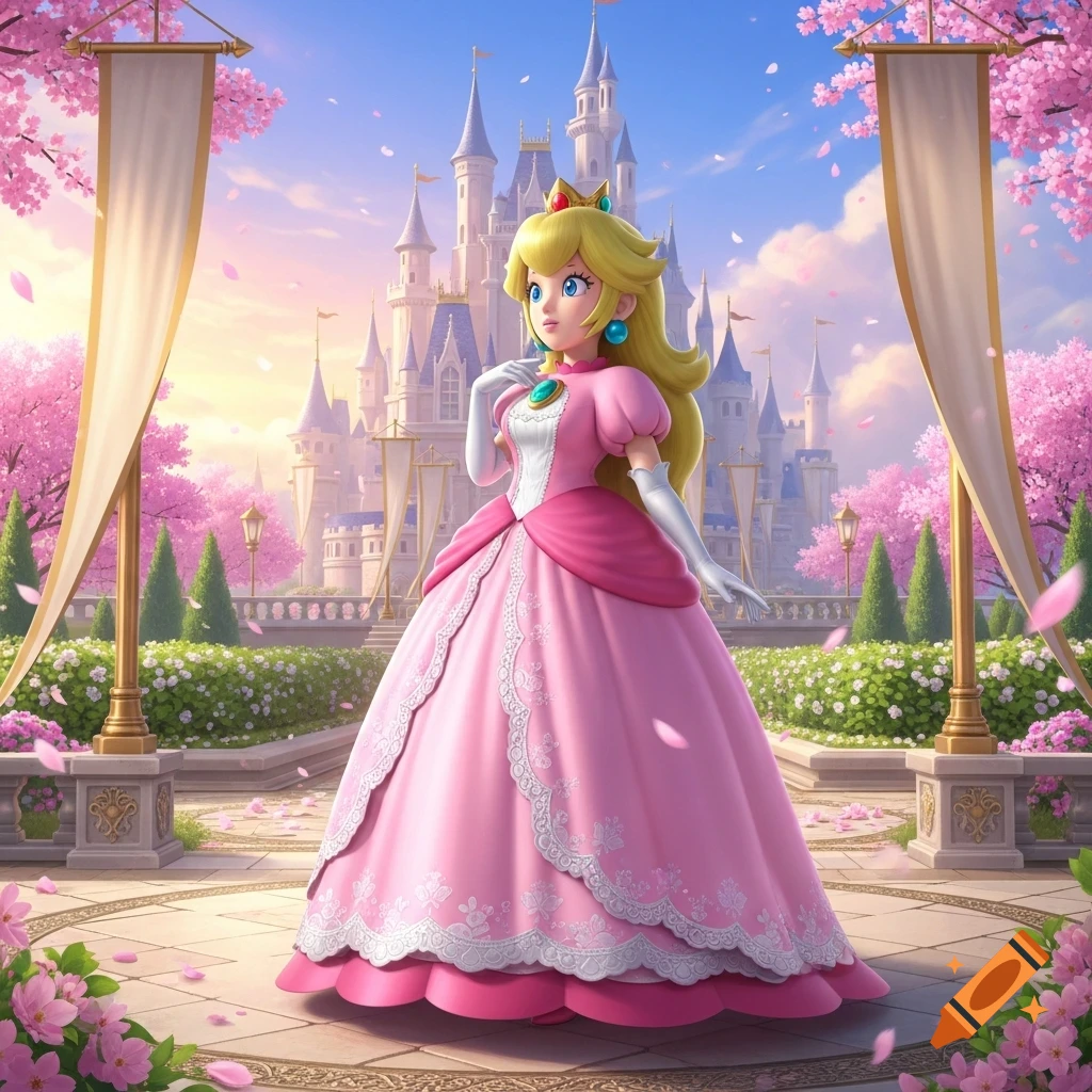 Princess Peach stands in front of a fairytale castle surrounded by pink cherry blossoms in a vibrant anime style.