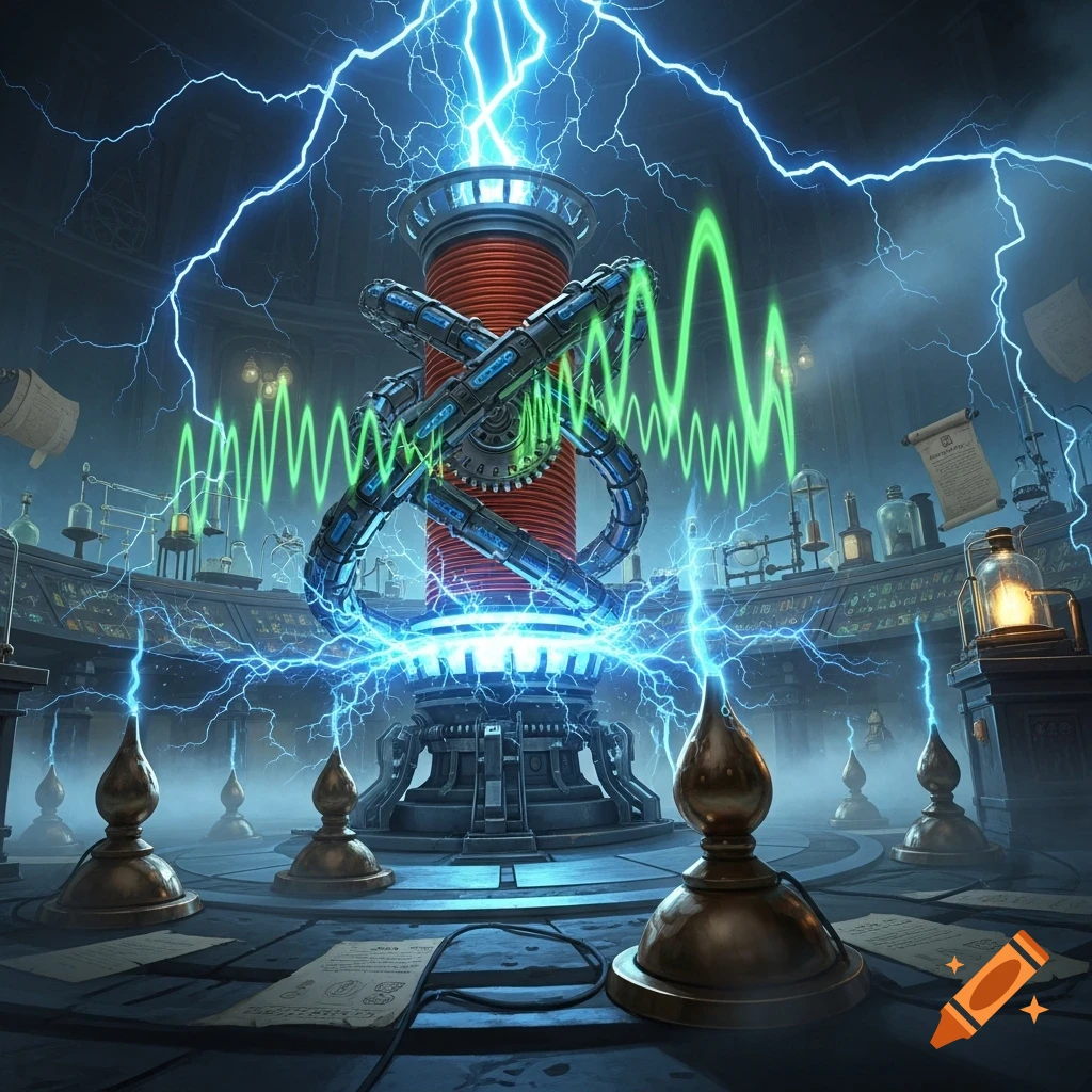 A dramatic, stylized Tesla coil emitting blue lightning and green energy waves in a dark science laboratory.