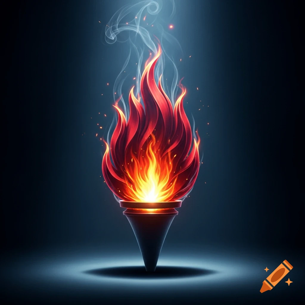 A stylized, glowing torch with vibrant red and orange flames, white smoke, and sparks on a dark background.