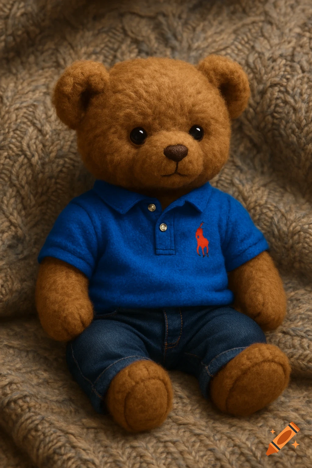A photorealistic teddy bear wearing a blue polo shirt with a red logo and dark blue jeans, sitting on a brown knitted blanket.