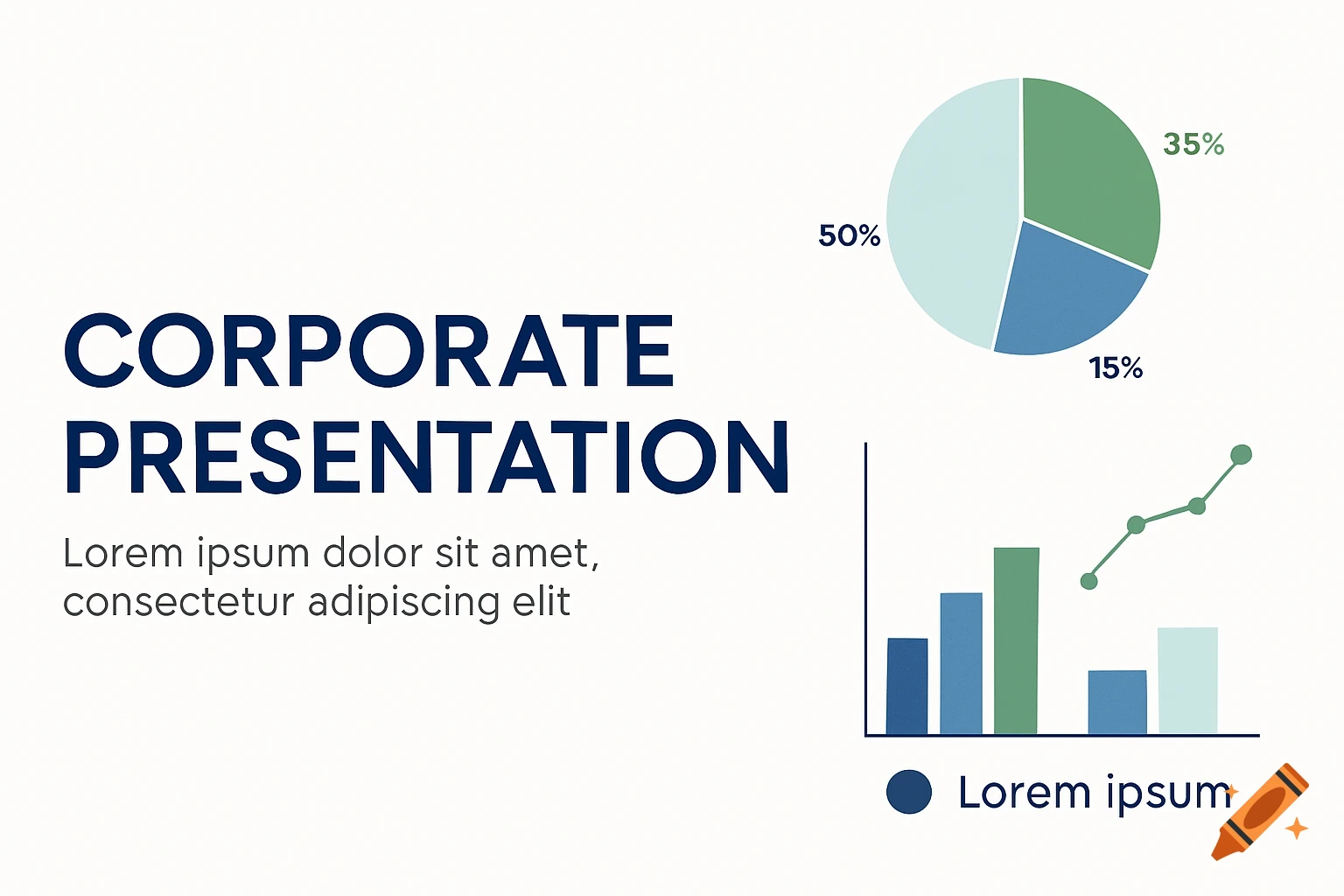 A corporate presentation slide with blue and green data visualizations, including a pie chart, bar chart, and line graph, with text overlay.