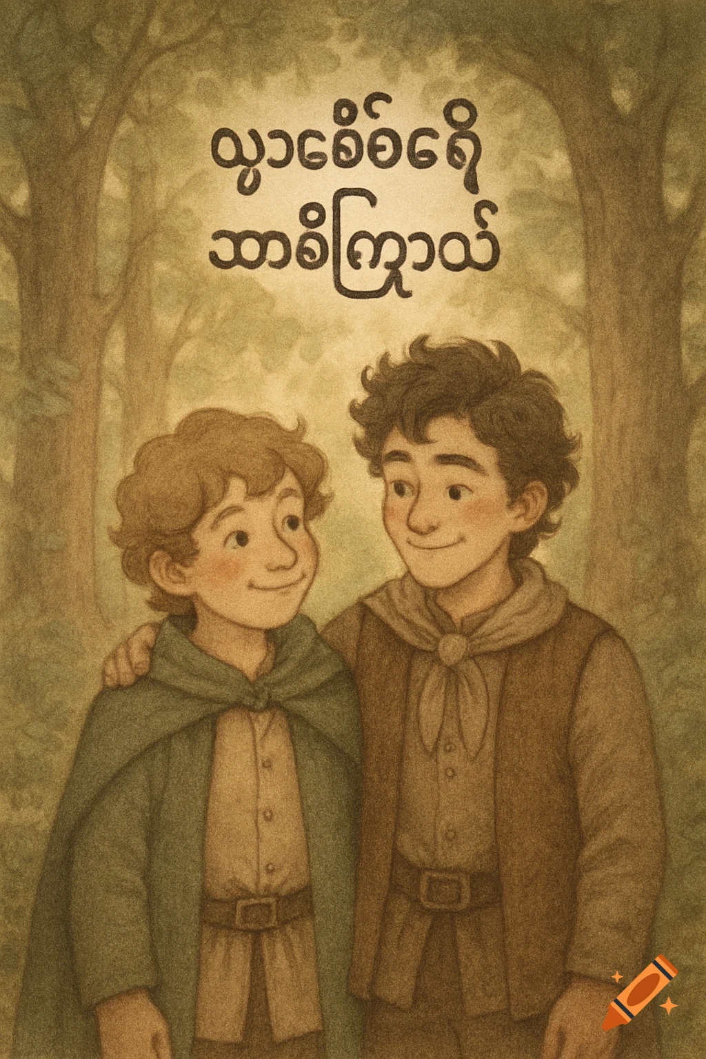 Soft illustration of two young male friends, dressed in rustic clothes, standing in a forest with Burmese text above.