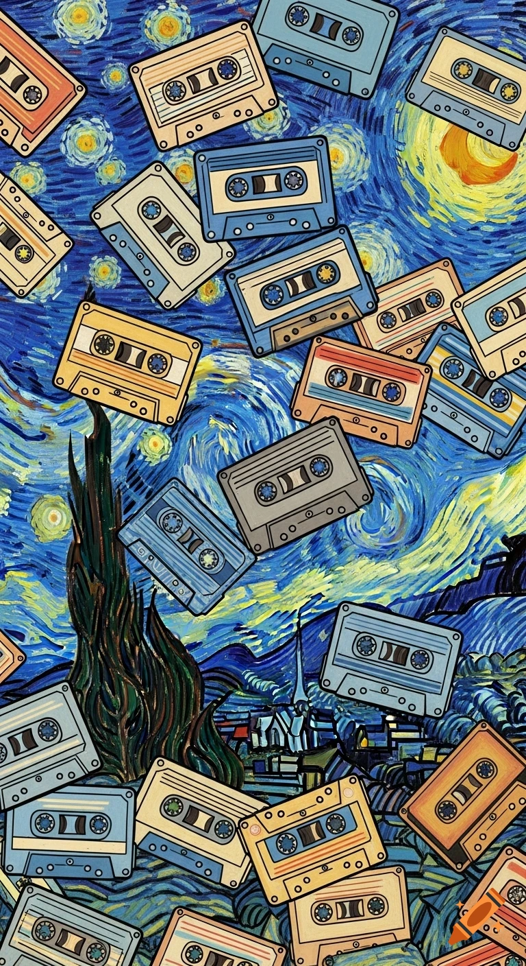Numerous colorful cassette tapes float over a vibrant blue and yellow Starry Night-style background.