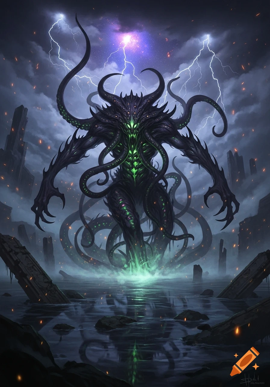 A large, dark, tentacled monster with glowing green details stands in murky water under a stormy sky with lightning, digital art.