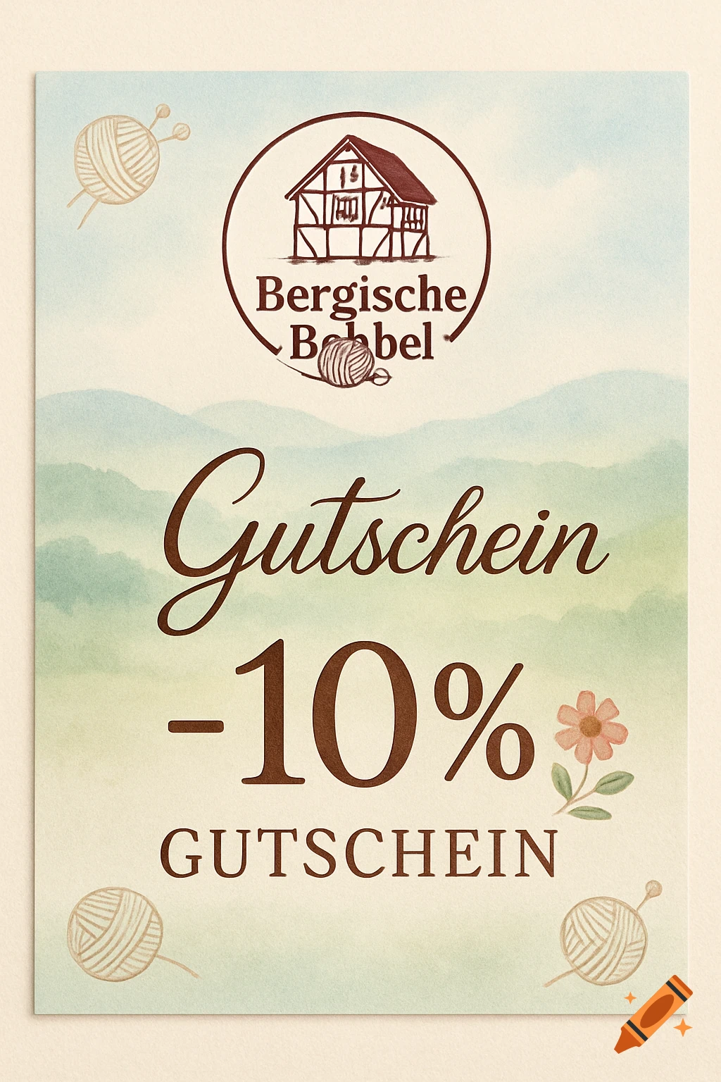 A watercolor-style discount voucher for 'Bergische Bobbel', featuring a house logo, yarn balls, misty mountains, and the text '-10% Gutschein'.
