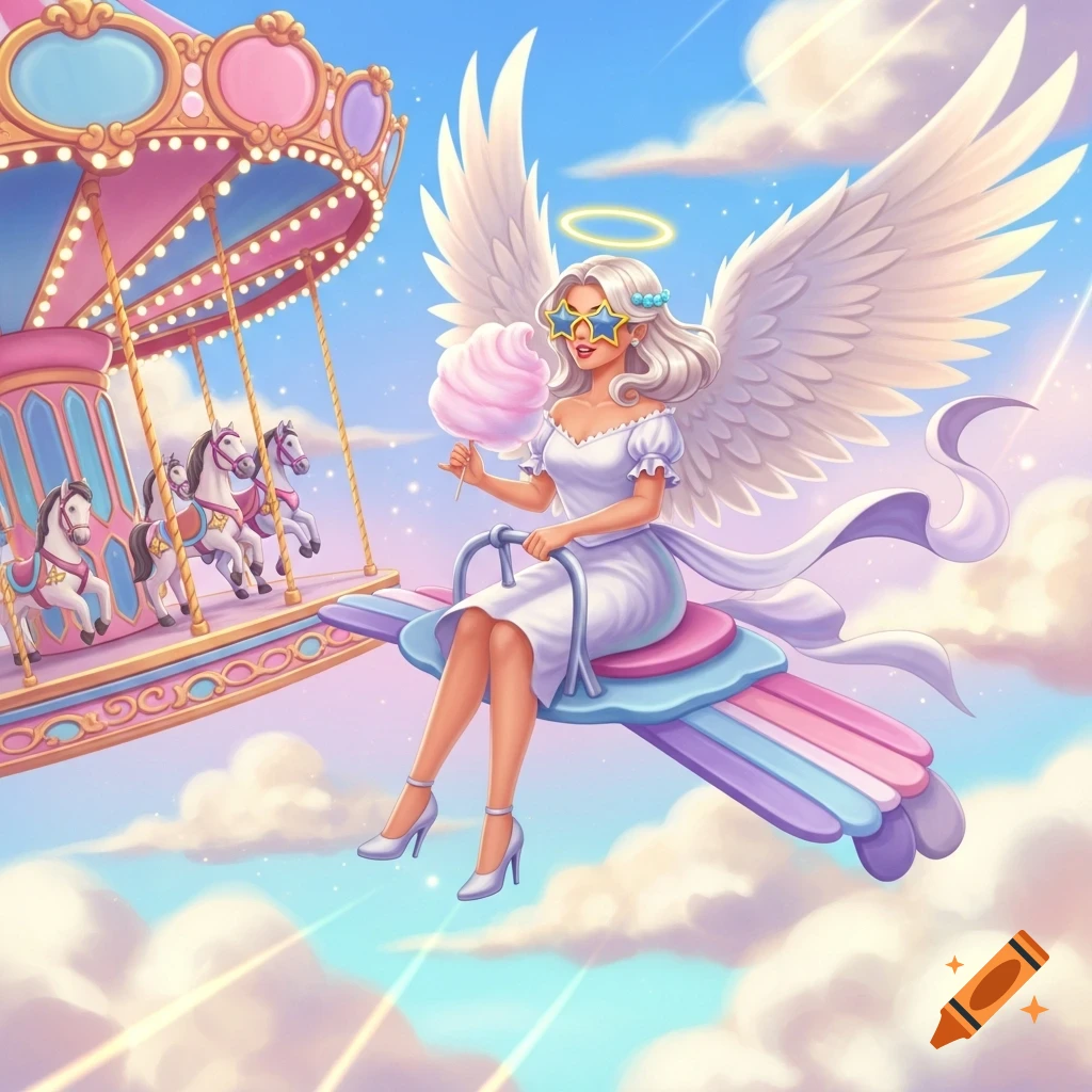 A cartoon angel with white wings, star sunglasses, eating cotton candy while riding a flying swing next to a carousel in pastel clouds.