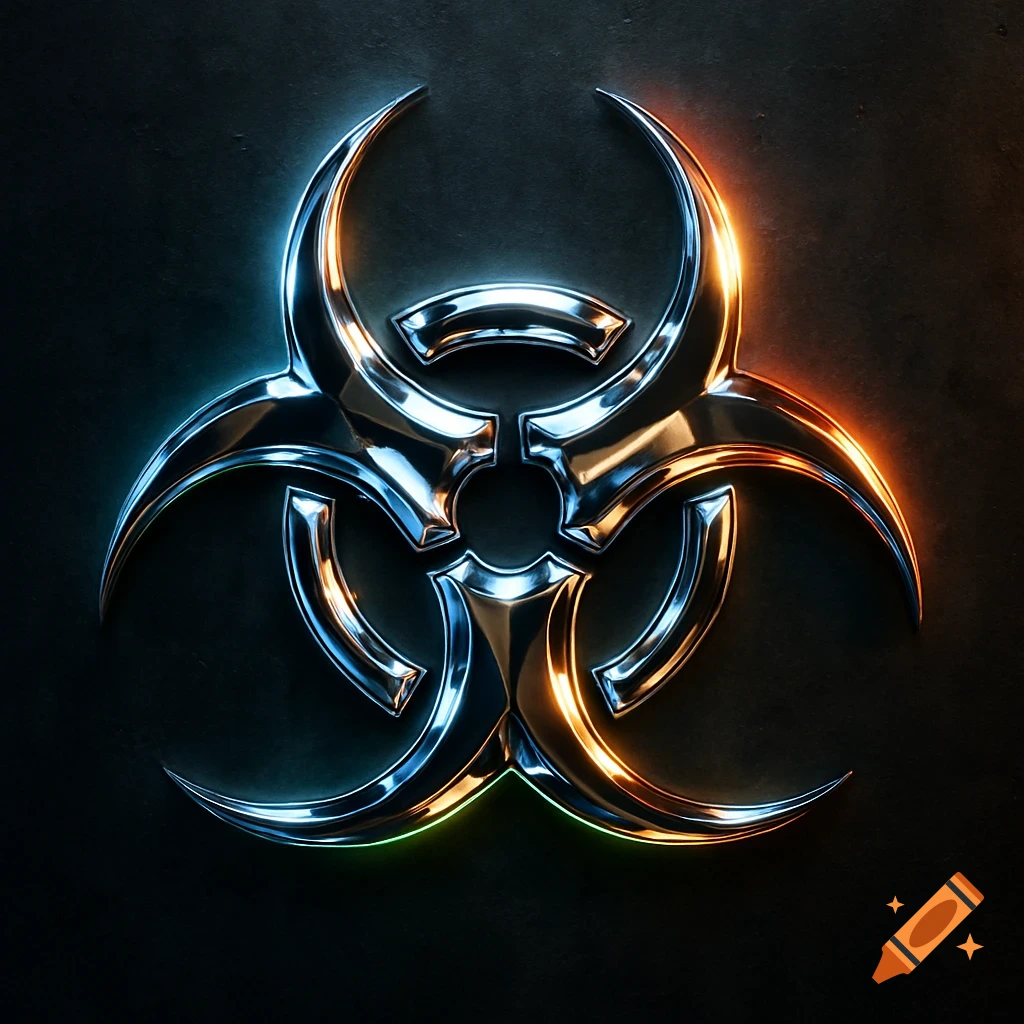 A metallic biohazard symbol with blue and orange glowing edges on a dark, textured background.