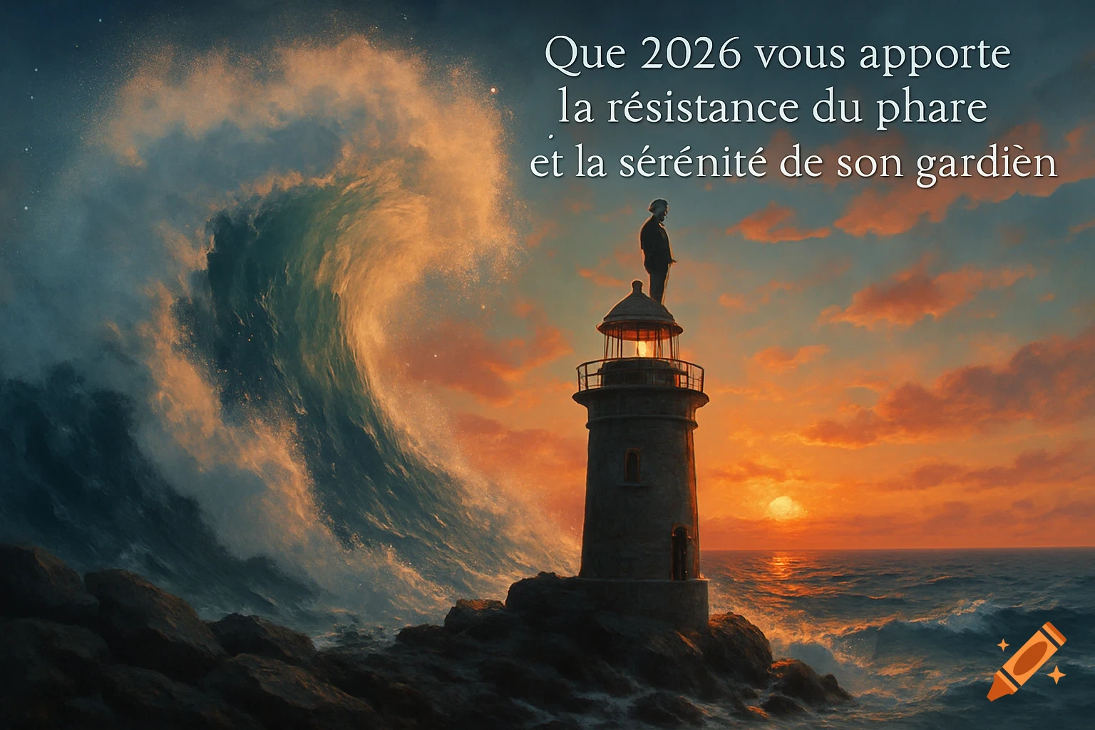 A dramatic scene of a lighthouse on rocky shore, a calm keeper facing a huge wave at sunset with text overlay.
