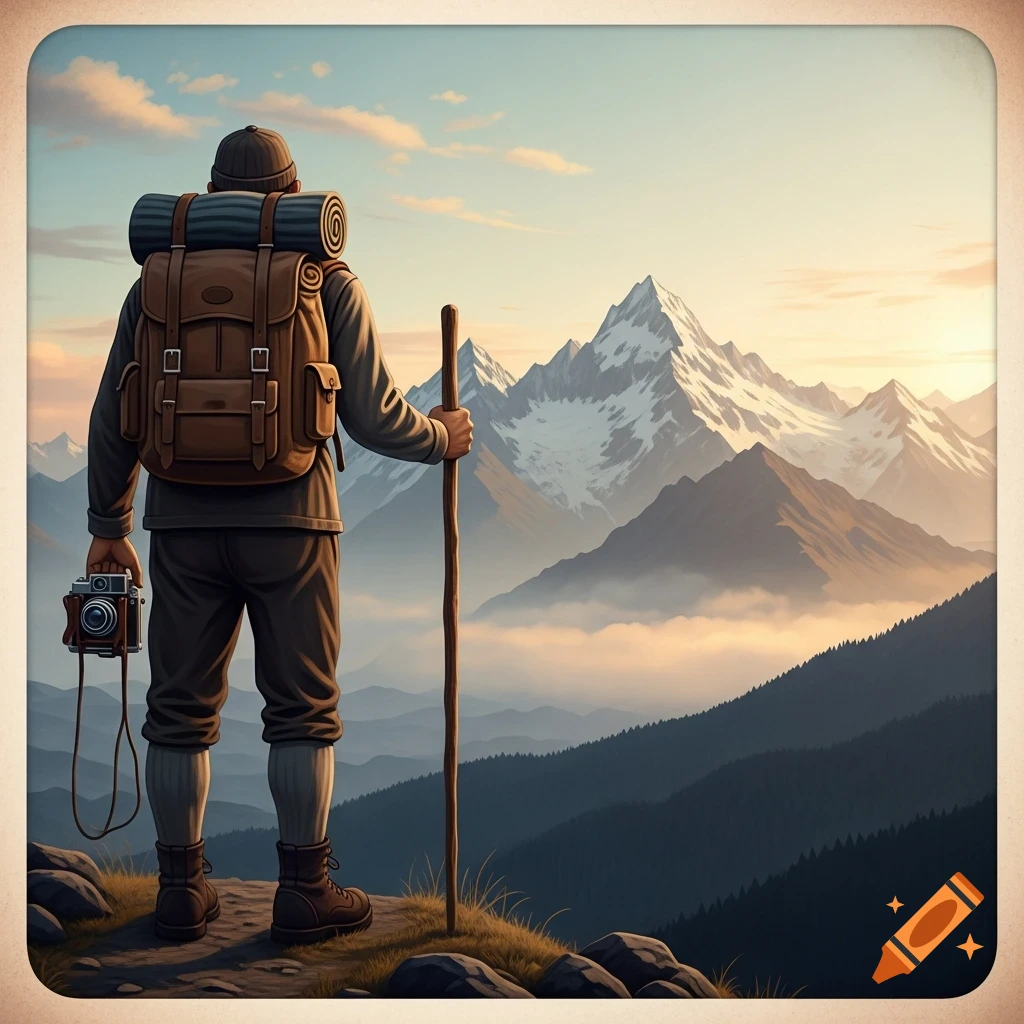 A hiker with a backpack, walking stick, and camera stands on a ridge overlooking misty mountains at sunrise.