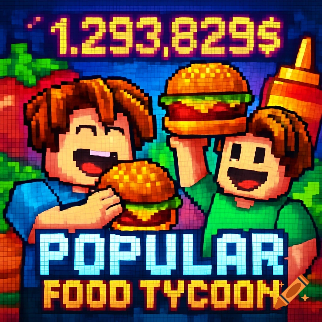 Pixel art game icon featuring two blocky Roblox-style characters happily holding burgers, with "1.293.829$" and "POPULAR FOOD TYCOON" text.