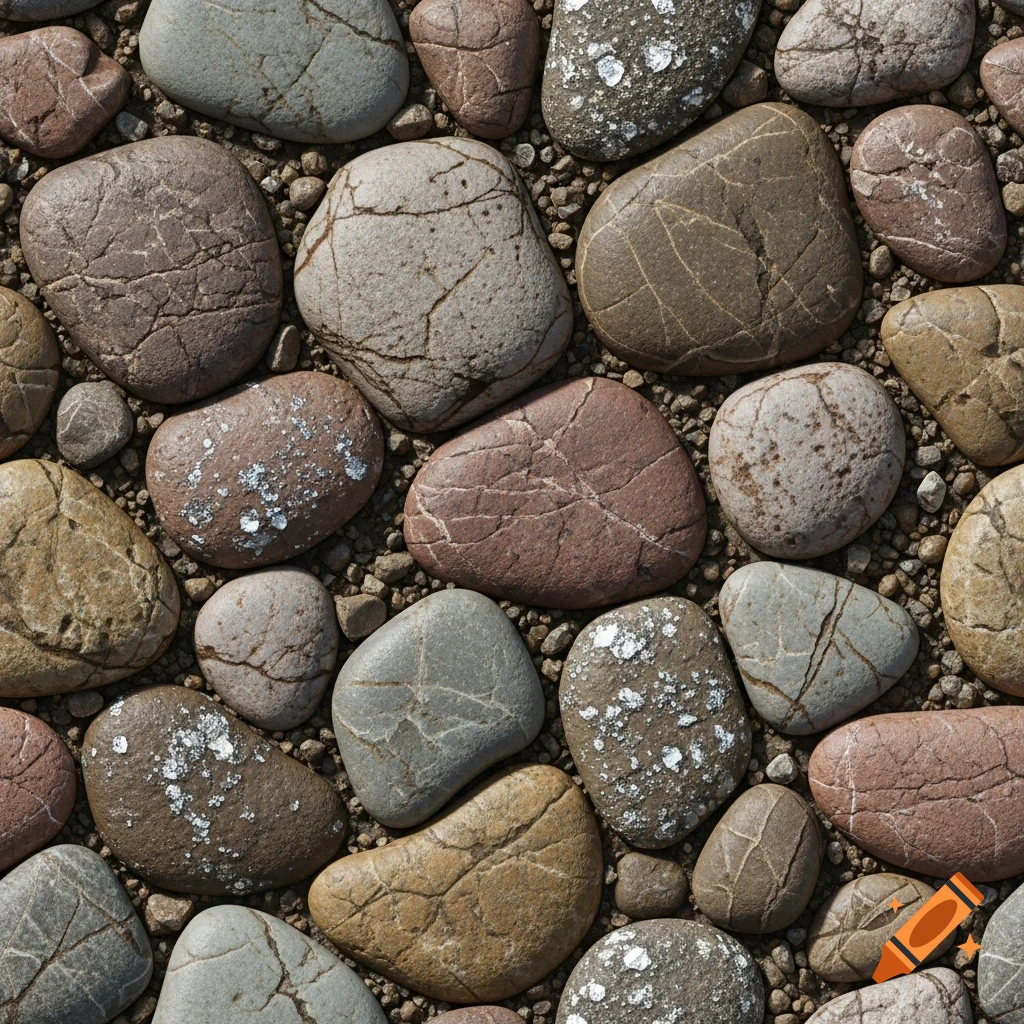 Close-up, top-down view of various smooth, colorful river rocks and pebbles on gravel.