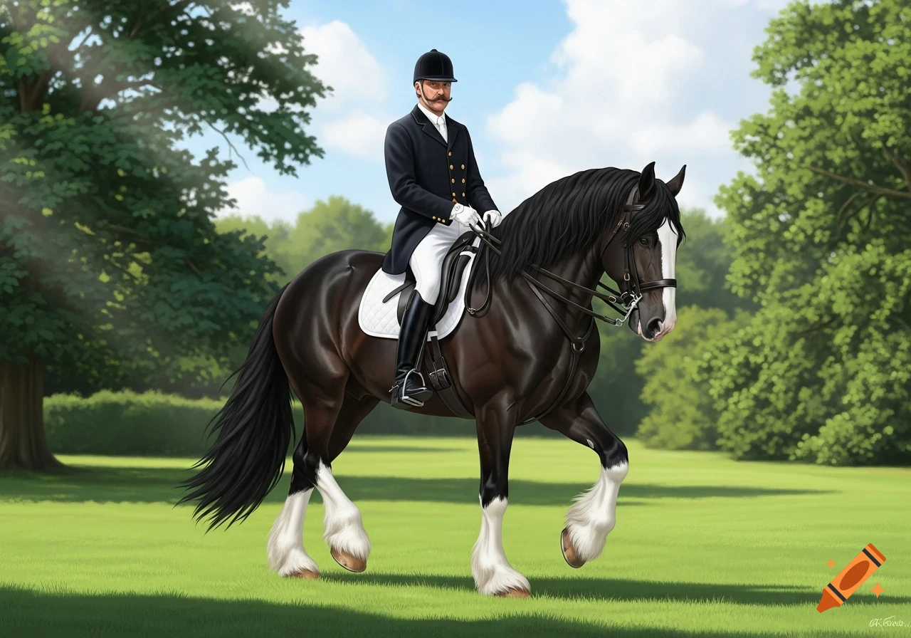 A man in a black riding coat and helmet on a dark brown Shire horse with white markings, walking through a green field.