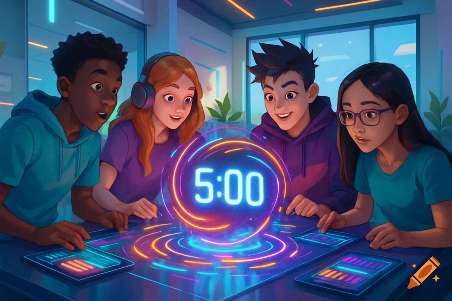 Four diverse teenagers look intently at a glowing holographic timer displaying 5:00, surrounded by colorful digital light patterns on a table.