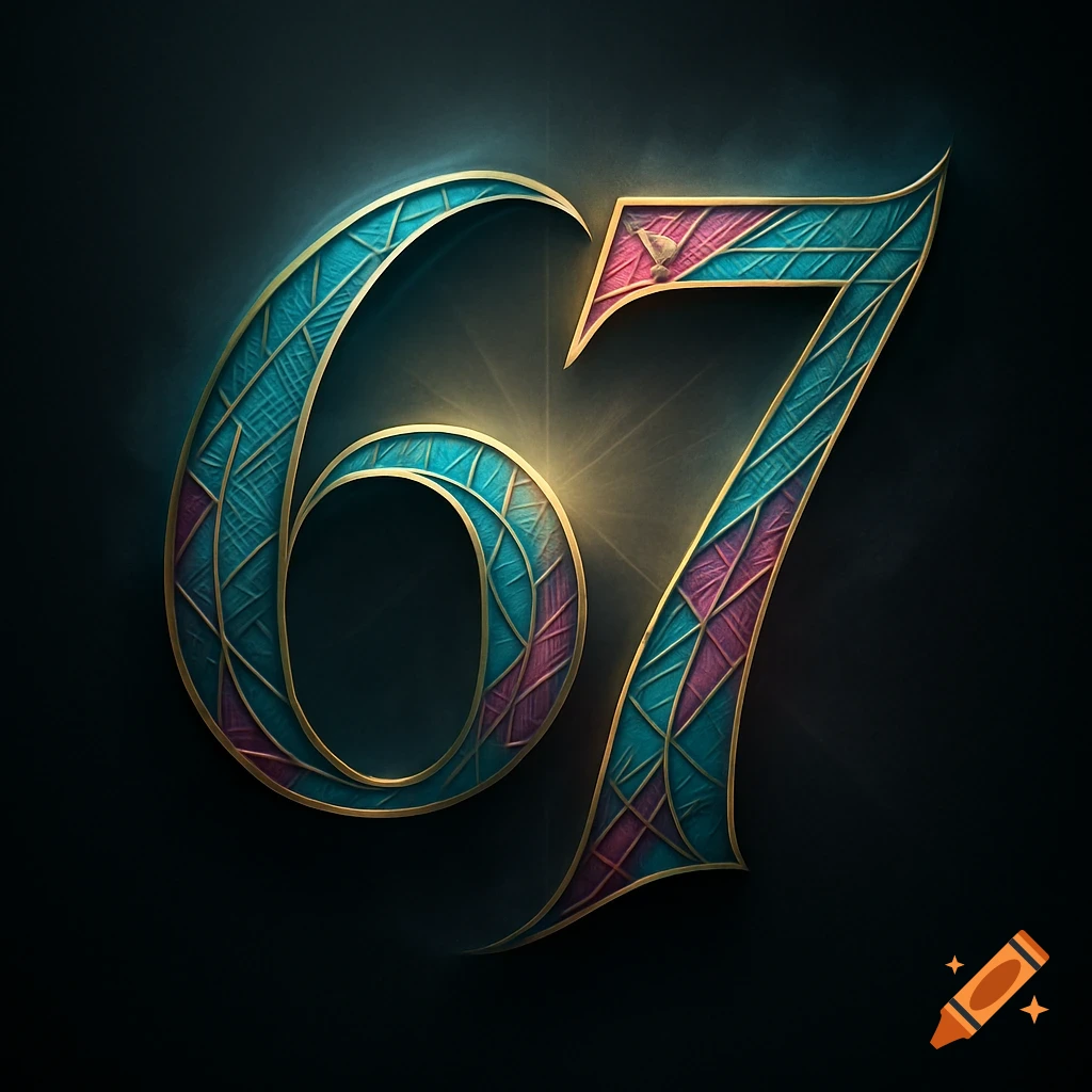 Ornate, decorative numbers 67 with gold outlines, turquoise and pink mosaic patterns, and a soft glow on a dark background.