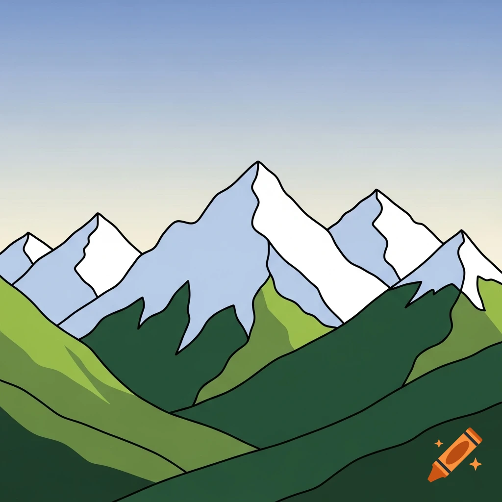 A stylized illustration of snow-capped mountains and green valleys under a gradient sky.