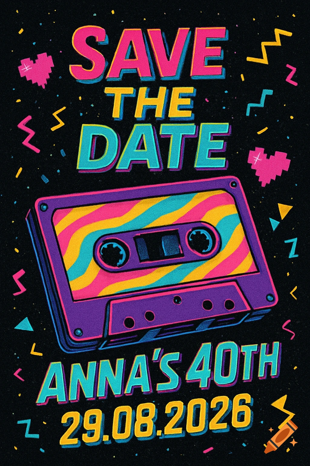 A vibrant 90s-style 'Save the Date' card with a colorful cassette tape, neon text for Anna's 40th, and date 29.08.2026.