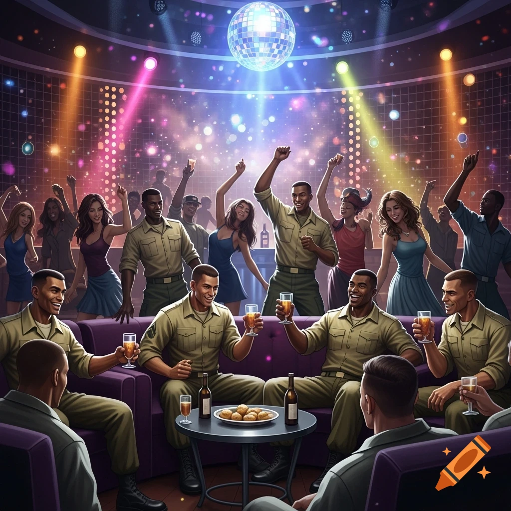 Illustration of military men in khaki uniforms celebrating at a vibrant disco, dancing and toasting drinks with women under a disco ball.