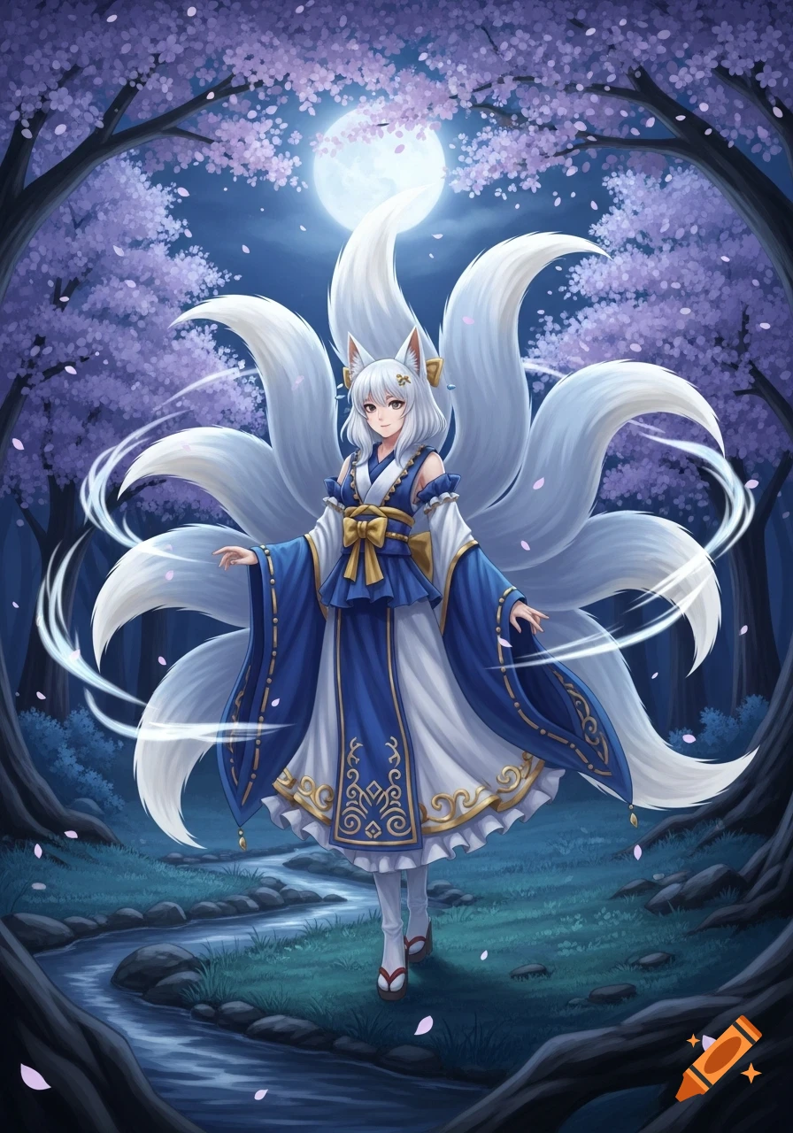 A white-haired nine-tailed kitsune girl in a blue and white traditional Japanese outfit stands in a moonlit fantasy forest with purple cherry blossoms.