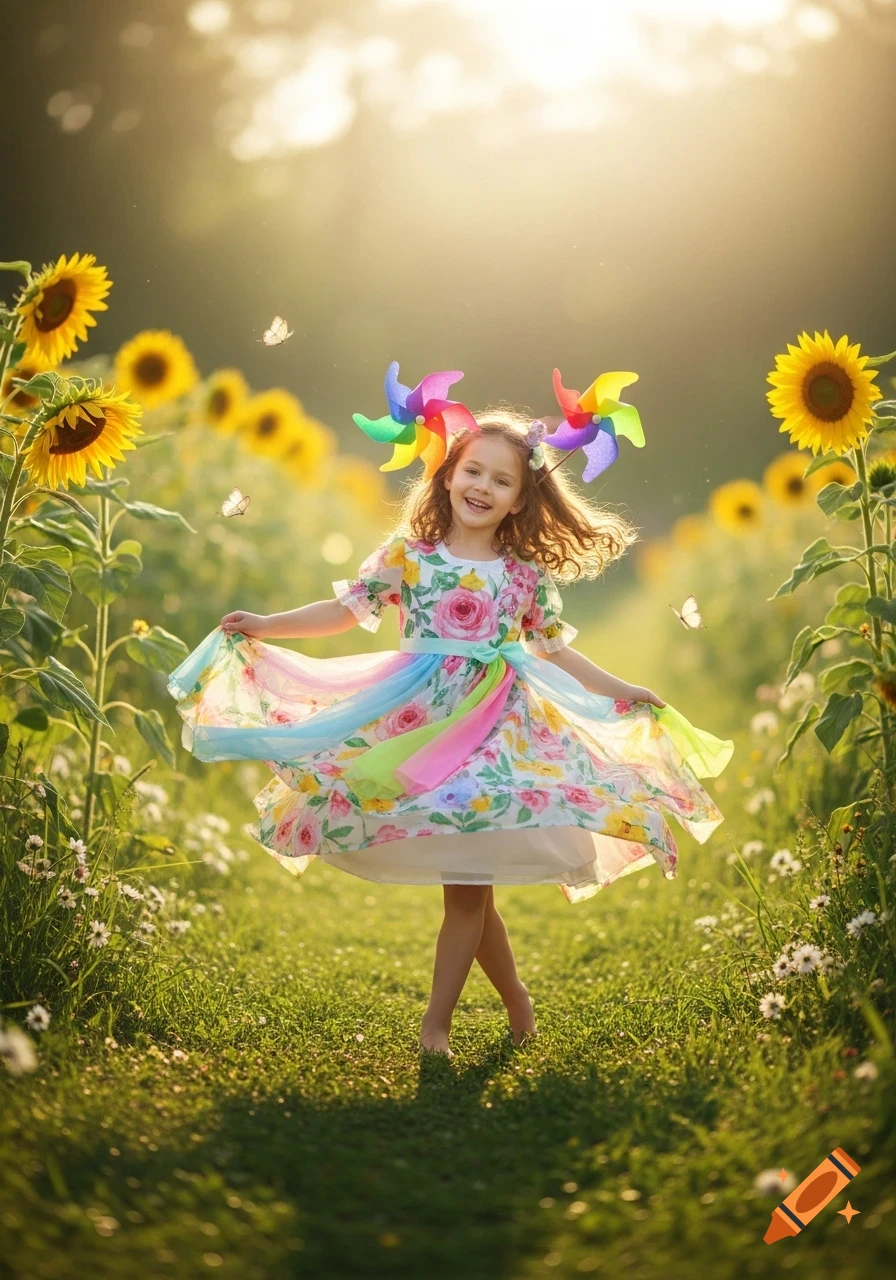 A young girl with pinwheel hair accessories twirls in a floral dress in a sunny field of sunflowers.