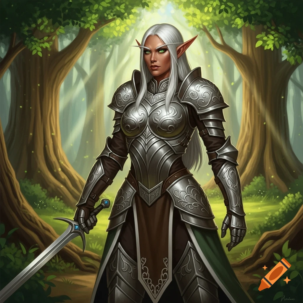 A bronze-skinned female elf warrior in ornate silver plate armor, with silver hair and green eyes, holds a sword in a magical forest.
