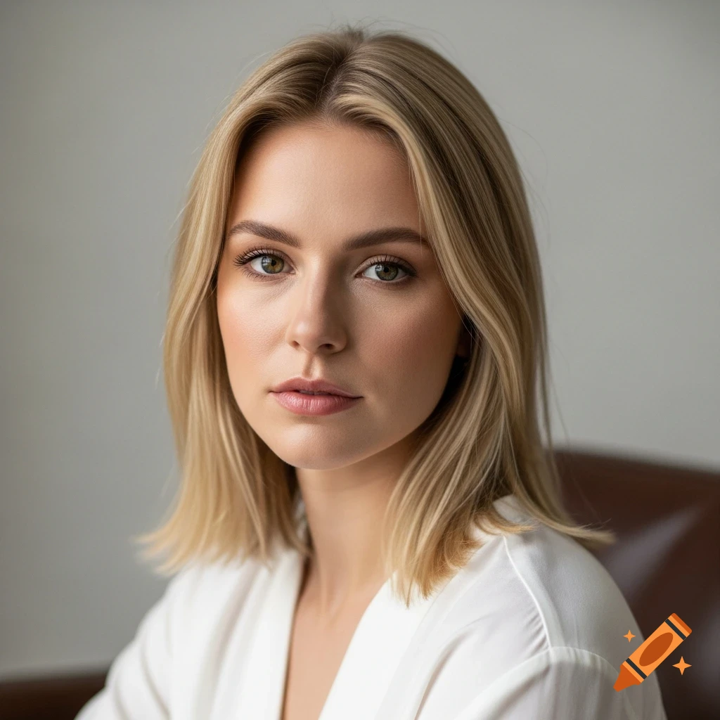 Photorealistic portrait of a young blonde woman with green eyes, looking directly at the viewer with a neutral expression.