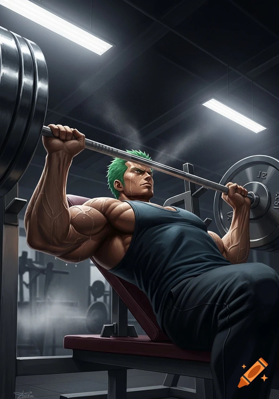 Muscular anime character Zoro bench pressing heavy weights, sweating profusely in a dark gym, digital art.