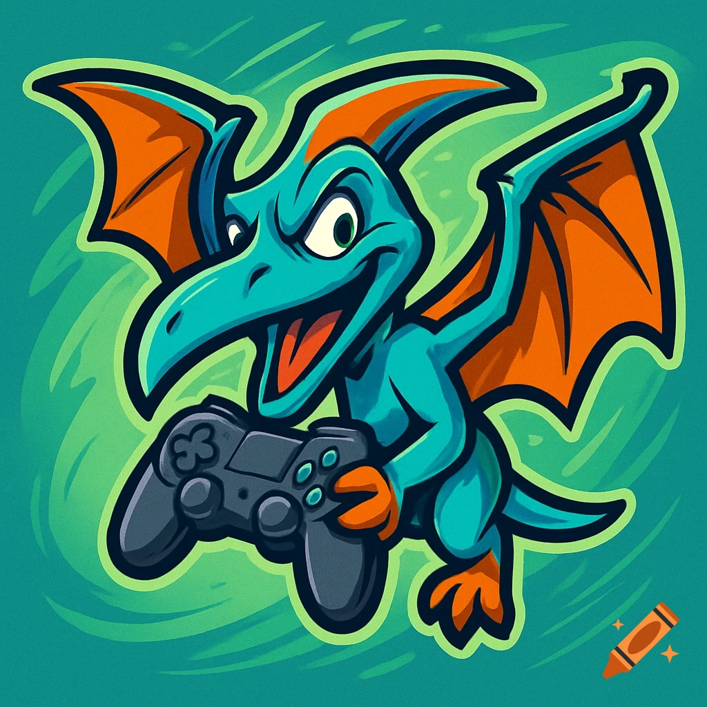 Cartoon pterodactyl mascot with a mischievous grin, flying and holding a video game controller, on a green background.