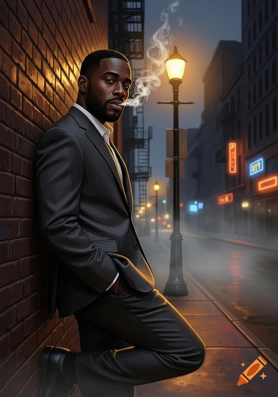 An illustrated portrait of a man in a black suit leaning against a brick wall, smoking a cigarette on a misty city street at night.