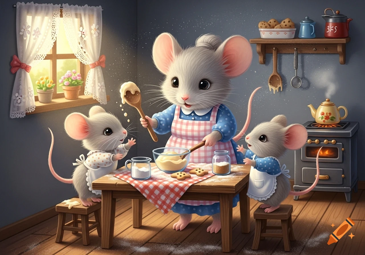 A mother mouse bakes cookies with two small mouse children in a cozy, detailed kitchen, in a cute cartoon style.