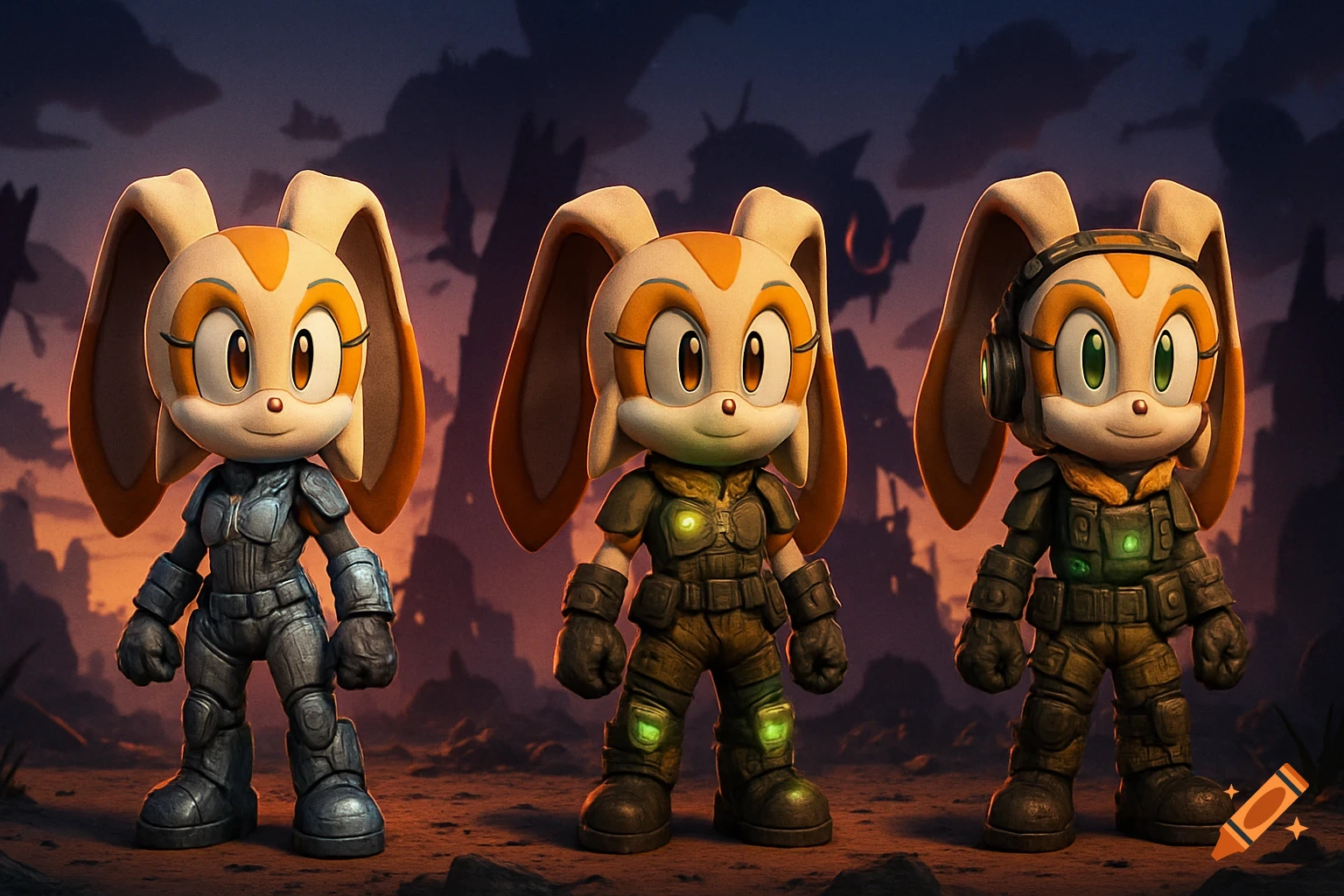 Three versions of Cream the Rabbit in detailed sci-fi survival gear against a stylized sunset background.