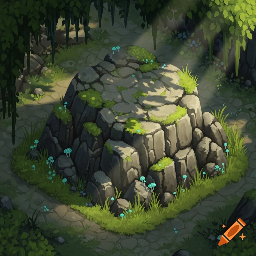 Stylized isometric view of a large mossy rock formation with glowing blue mushrooms in a dappled forest clearing.