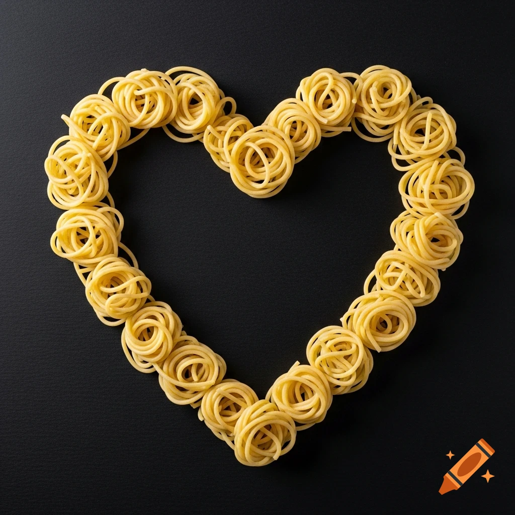 Heart-shaped arrangement of golden noodles on a black background.