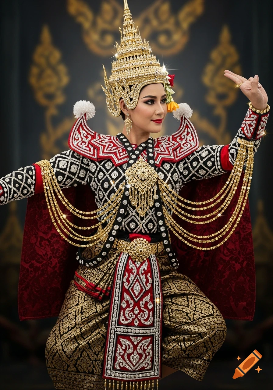 A person in a dazzling red, black, and gold traditional Thai dance costume with an elaborate gold crown and jewelry, in a dynamic pose.
